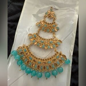 Indian Pakistani Gold and Turquoise Jhoomer (hair piece) jewelry